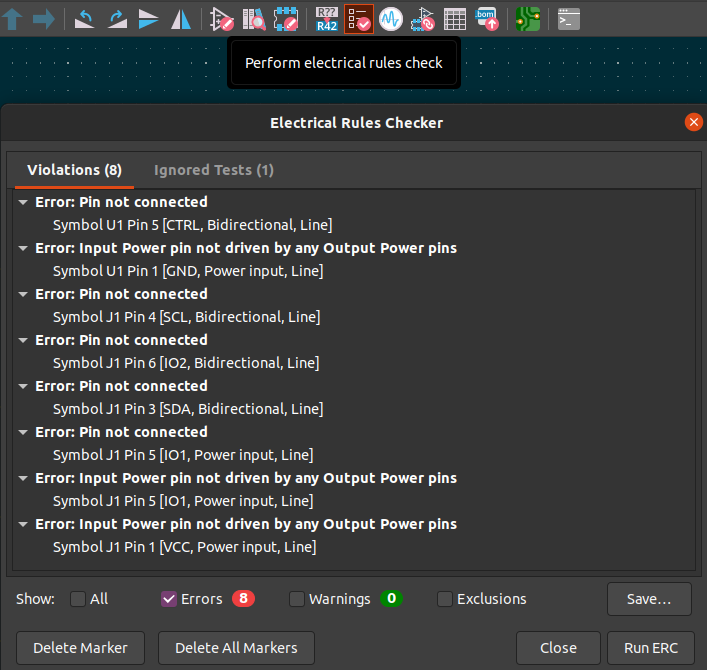 running erc, with all the errors shown